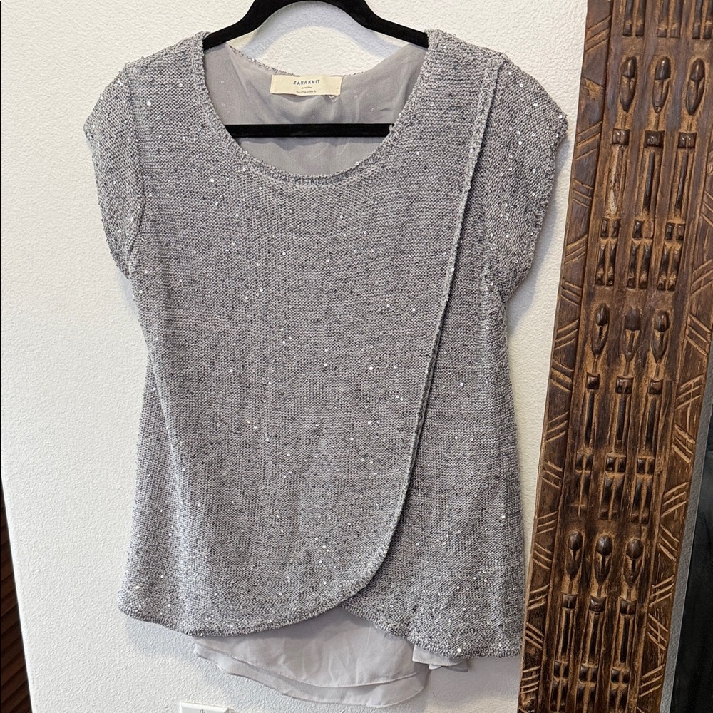 Zara Knit Gray Sequin Overlay Short Sleeve Tunic